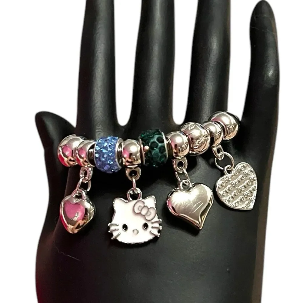 Hello Kitty Hearts Blue Rhinestone Silver Tone Kids’ Charm Br…